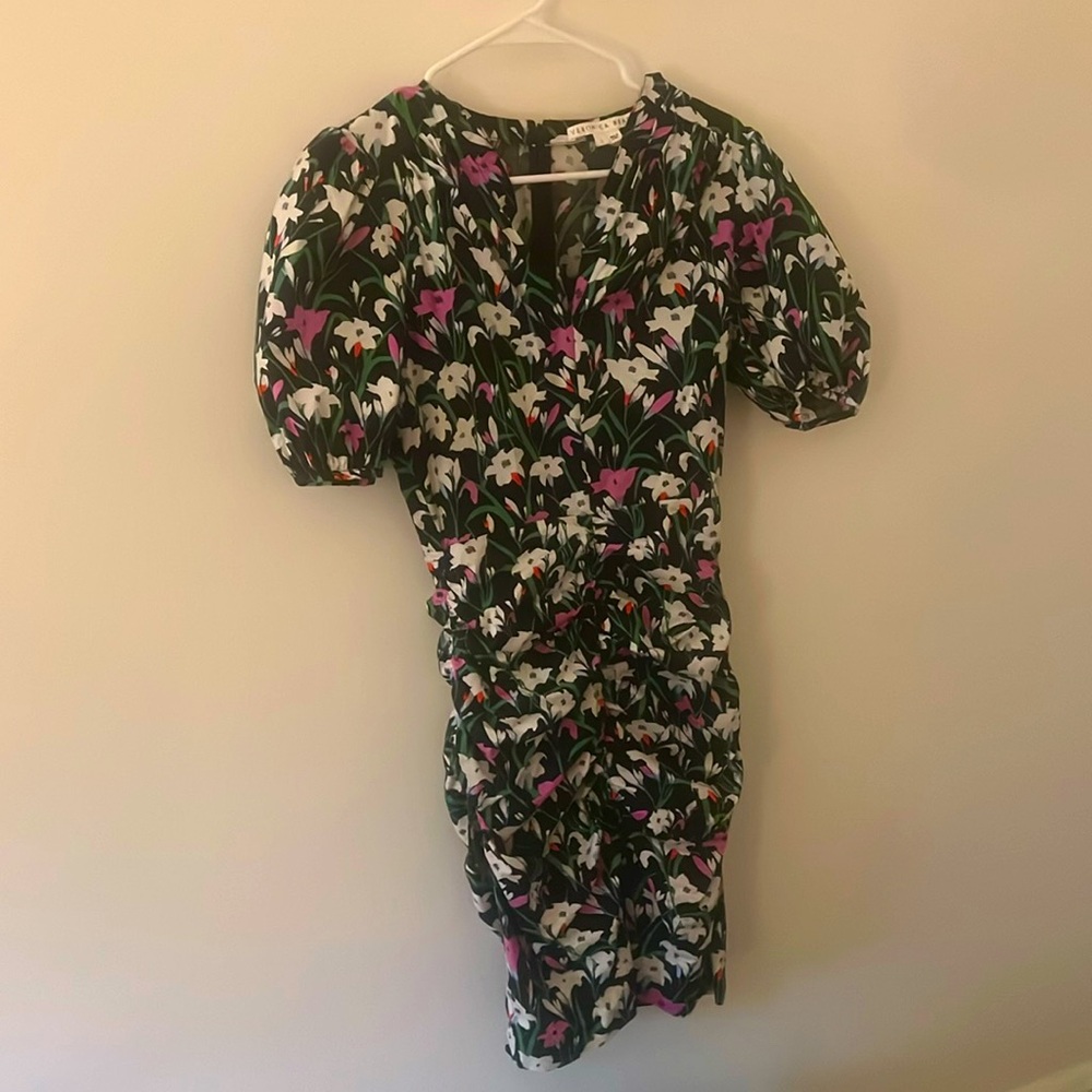 Veronica Beard Green Floral Mini Dress with Pink and White Accents
